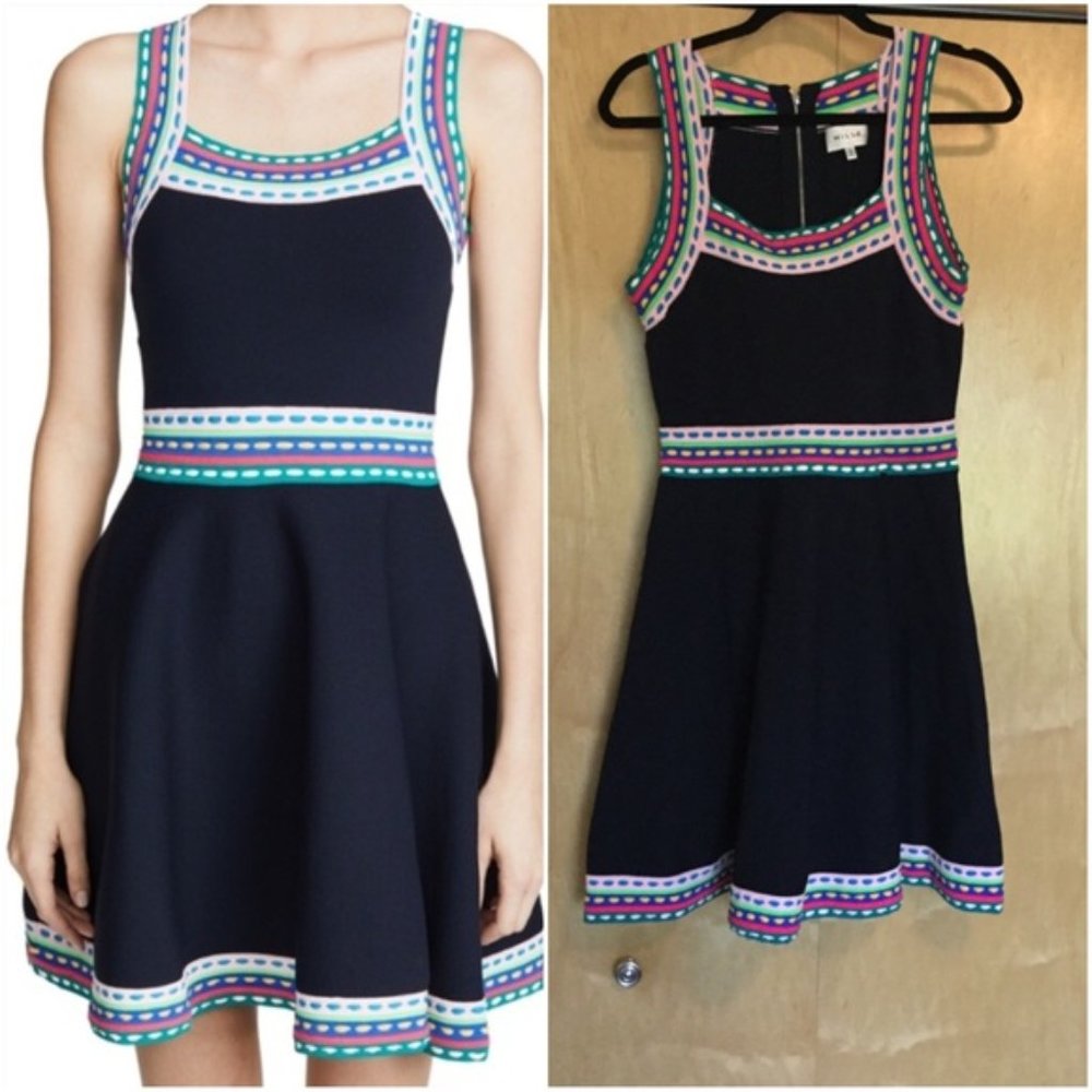 Milly Multicolor-Trim Flare Dress